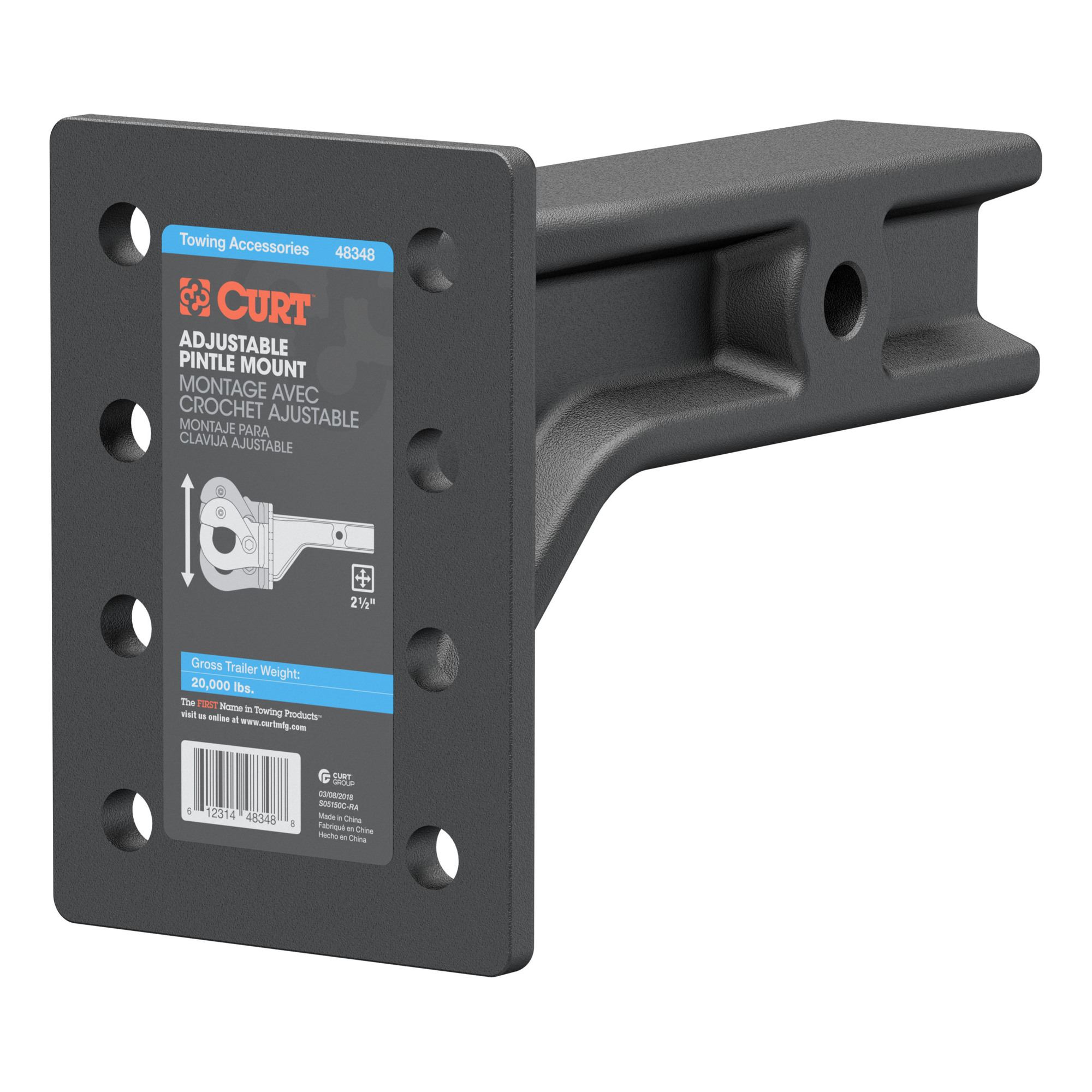 Curt Manufacturing Adjustable Trailer Hitch Pintle Mount, 7.25in. Plate Height, Carbon Steel, 20,000lb. Capacity, Model# 48348